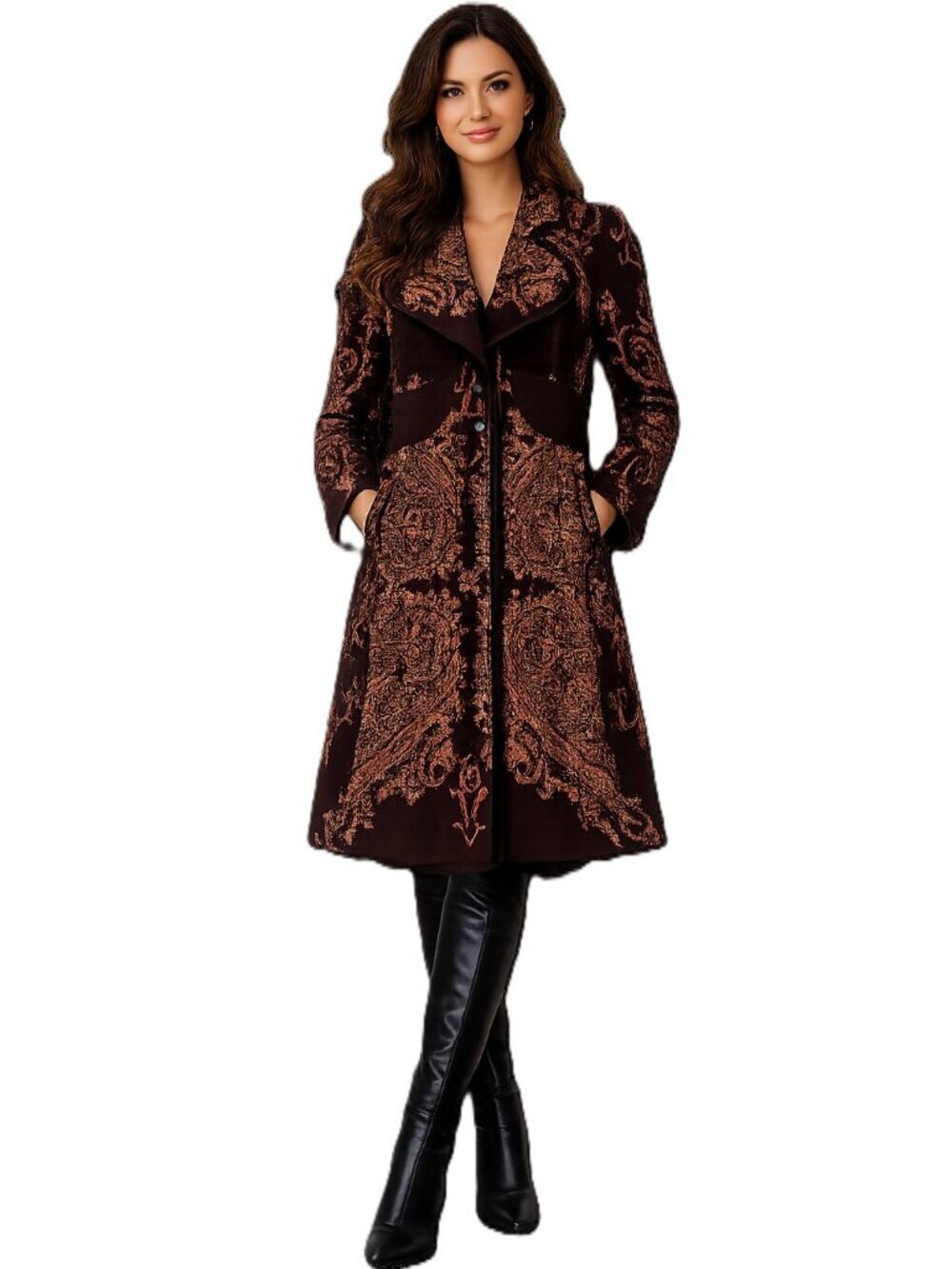 Etro Brown Paisley Velvet Trim Cotton Wool Long Coat Jacket
